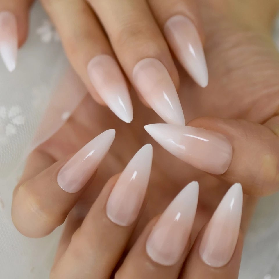 24 Ombre French tip white nude natural Long Press on nails glue on natural stiletto pointed baby boomer 