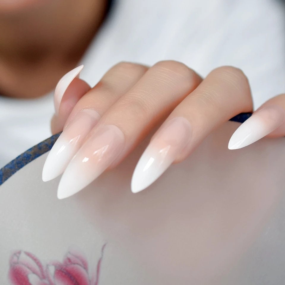 24 Ombre French tip white nude natural Press on nails glue on extra long natural stiletto pointed baby boomer