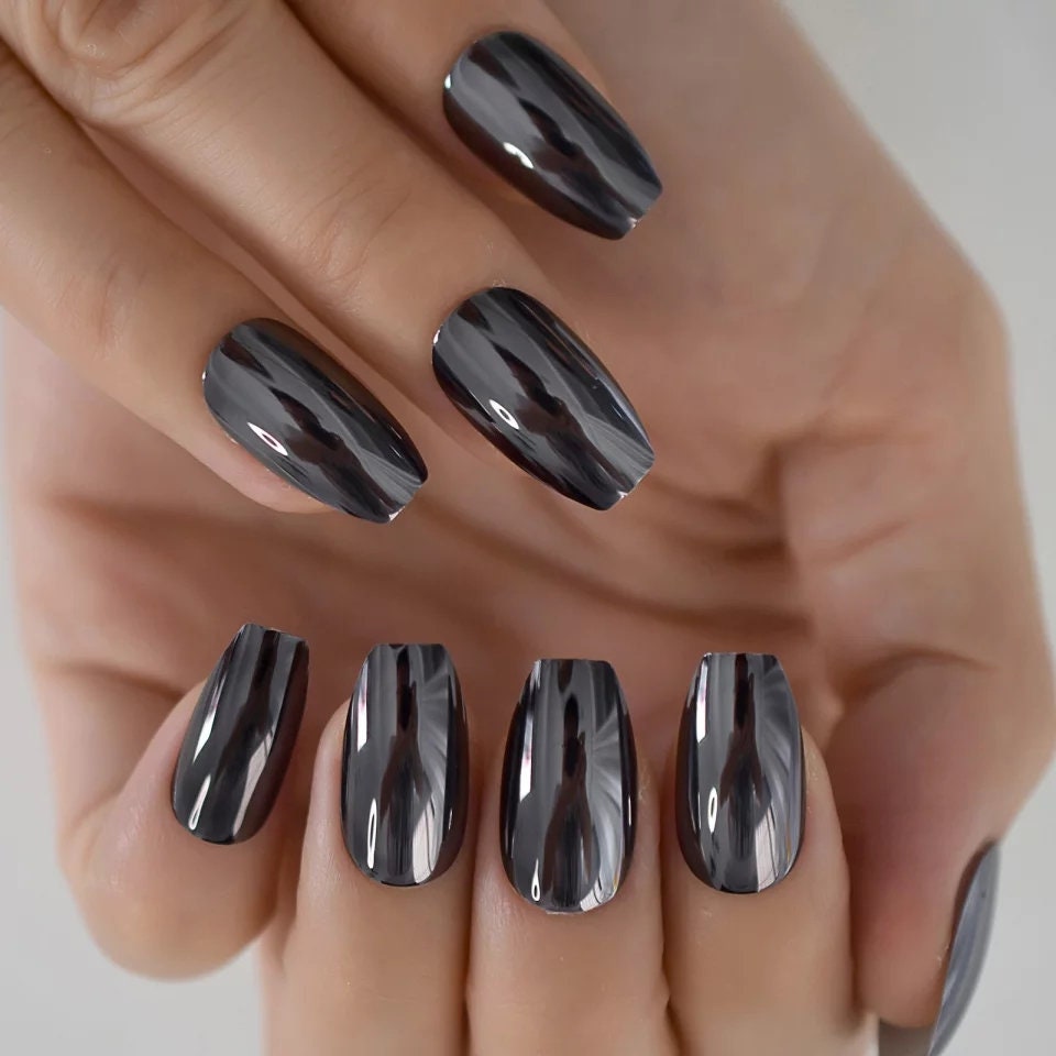 24 Gun metal Chrome medium Coffin Press on nails glue on mirror shiny metallic gray dark