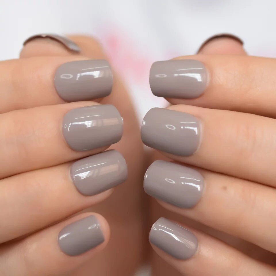 24 Short Greige Press on nails glue on beige gray tan nude neutral almond oval mauve muted purple