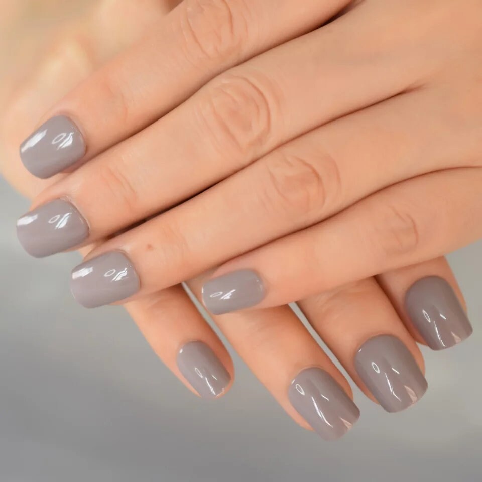 24 Short Greige Press on nails glue on beige gray tan nude neutral almond oval mauve muted purple