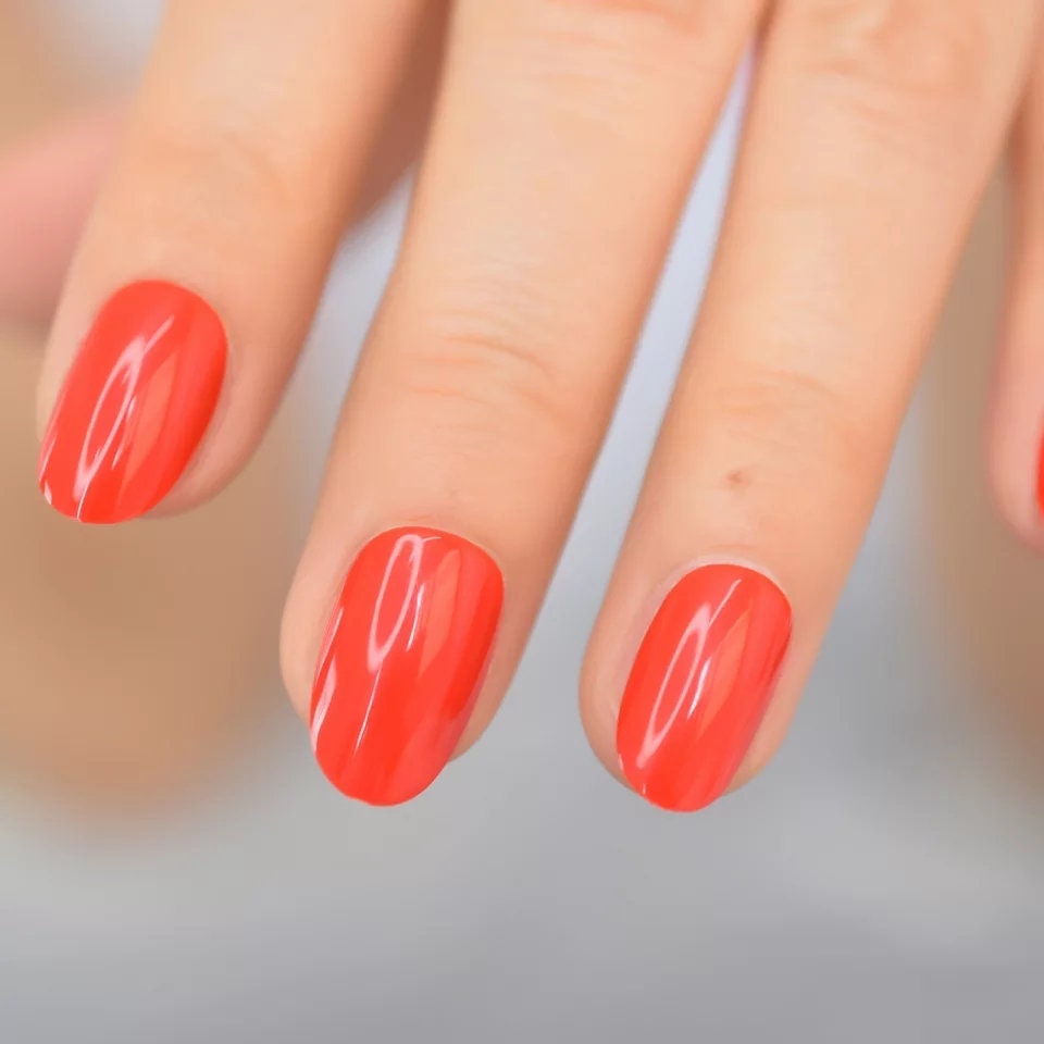 24 Red Almond short Press on nails glue on shiny bright classic 