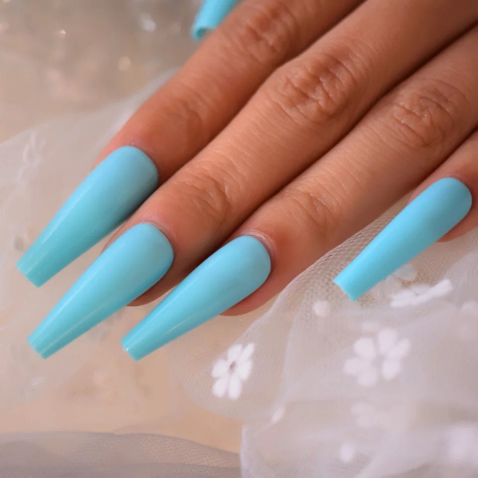 24 Caribbean Aqua Press On Nails Coffin extra long Glue on blue cyan