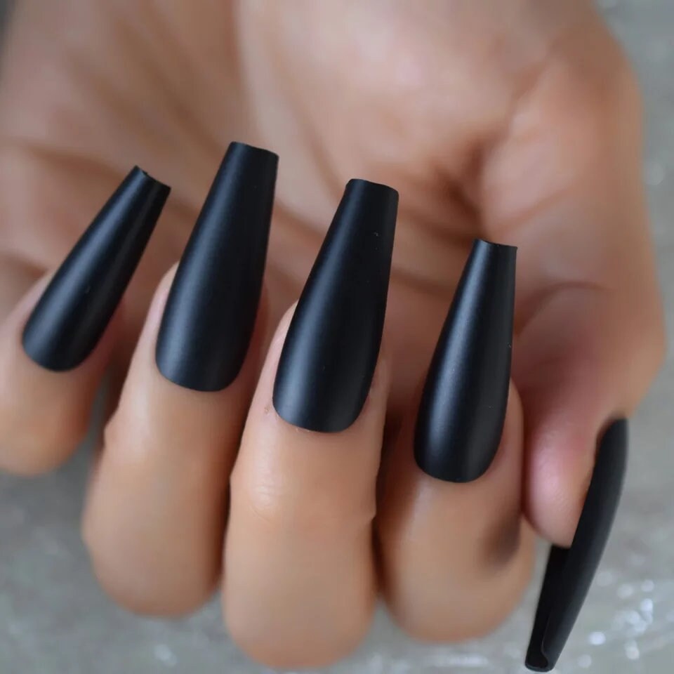 24 Vampy Straight Coffin Matte Black Long Press on nails witchy goth alt glue on Dark