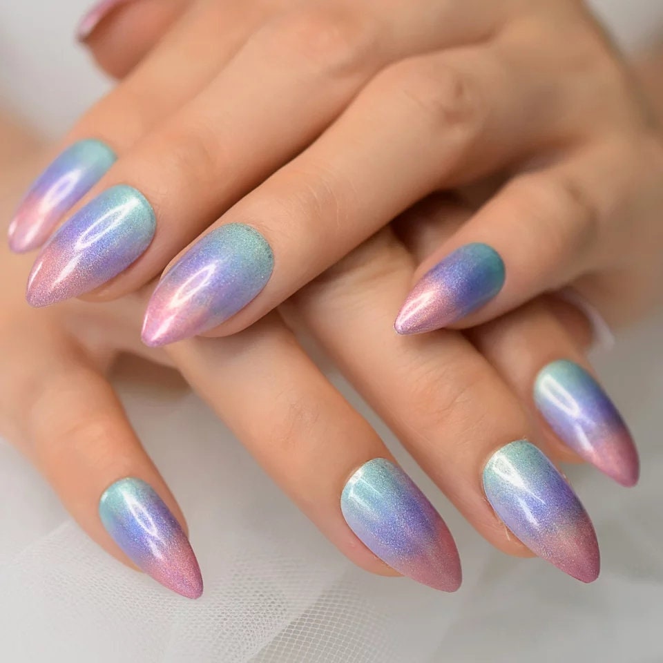 24 Unicorn Ombre Glossy Gel medium Stiletto Long Press on nails pointed glue on purple green pink galaxy magnet shimmer