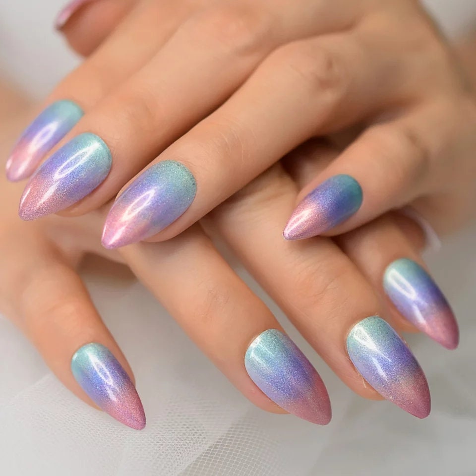 24 PCS Unicorn Ombre Glossy Gel Long Press On Nails – Purple Green Pink Galaxy Stiletto surethings