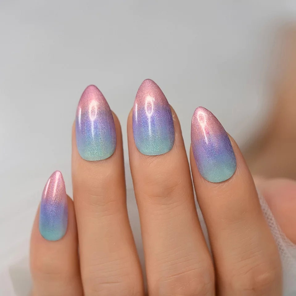 24 Unicorn Ombre Glossy Gel medium Stiletto Long Press on nails pointed glue on purple green pink galaxy magnet shimmer