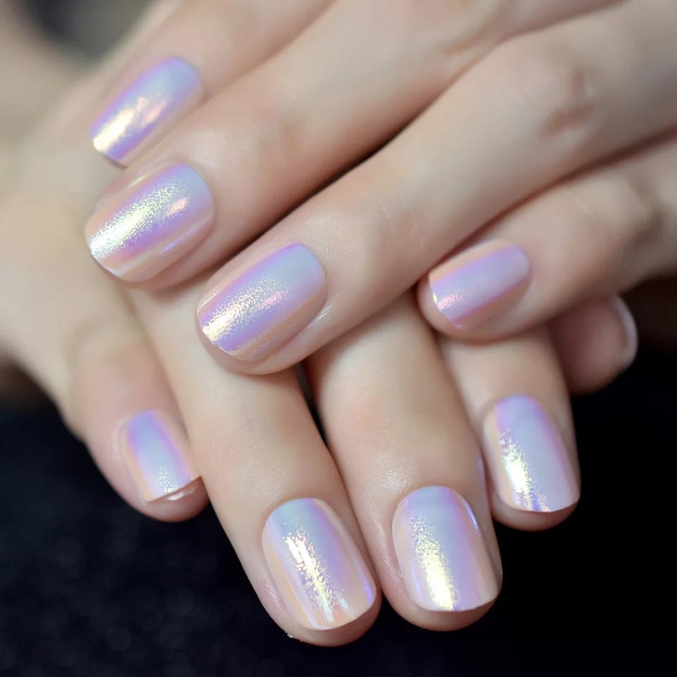 24 Short pink nude Holographic iridescent Unicorn Press on nails glue on pink shimmer