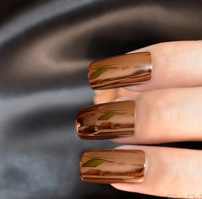 24 Shiny Copper Penny Square Chrome Press On Nails Glue on Mirror metallic long