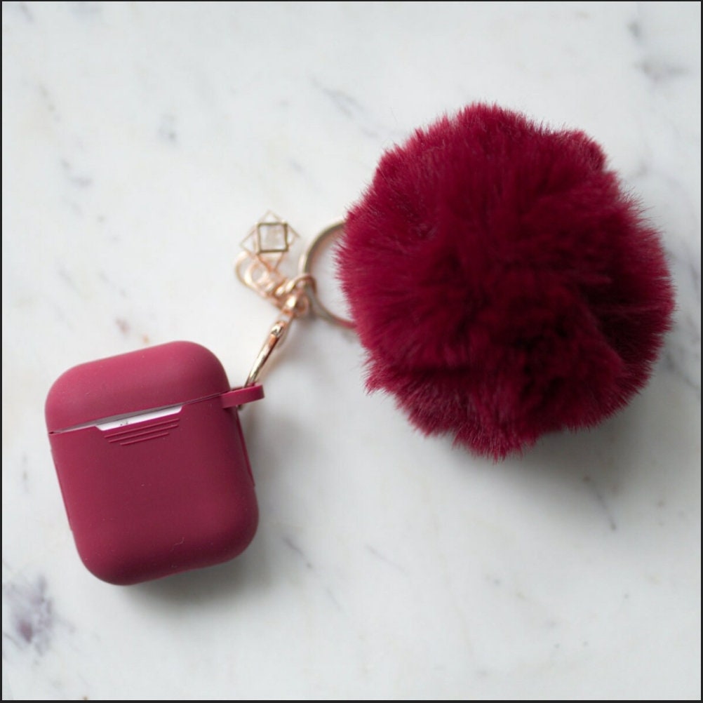 Pom Pom Keychain Airpod Case 1 and 2 version Kawaii Cute Pink silicone soft blue purple green gray