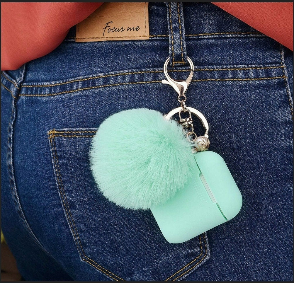 Pom Pom Keychain Airpod Case 1 and 2 version Kawaii Cute Pink silicone soft blue purple green gray