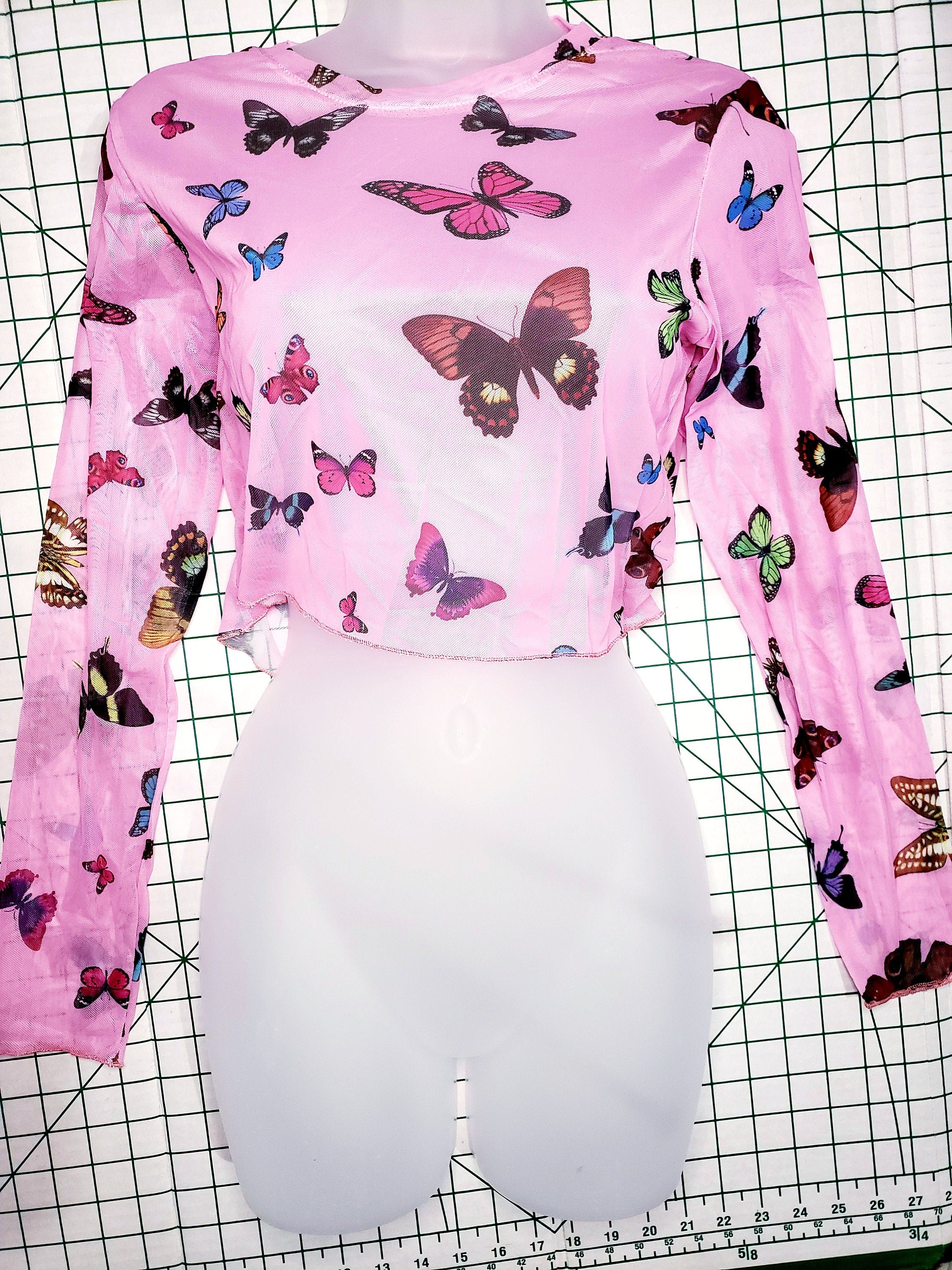 Butterfly Sheer Mesh Going out tops for women long sleeve shirt funky 90s  trendy colorful see through blue pink kawaii