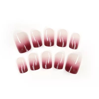 24 Goth Dark Red Ombre Short Press On Nails kit nude French tip glue on natural nude maroon multicolor