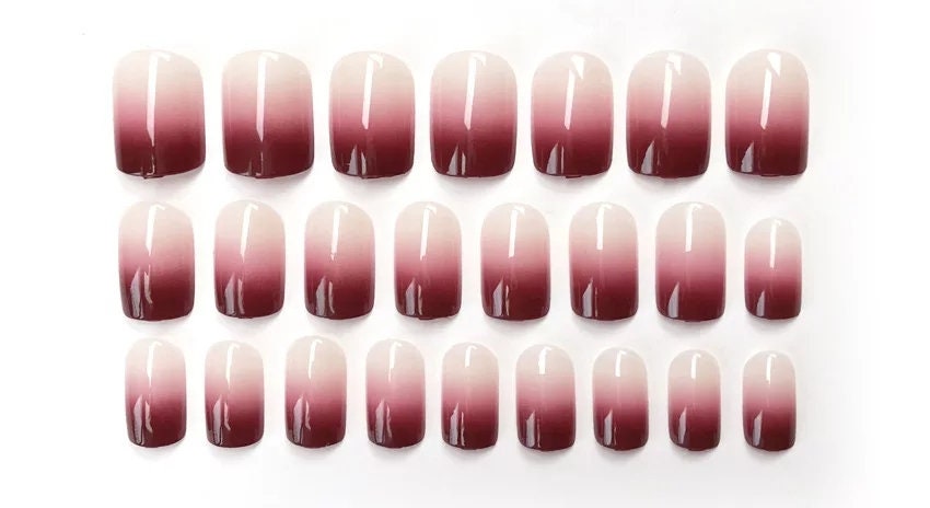 24 Goth Dark Red Ombre Short Press On Nails kit nude French tip glue on natural nude maroon multicolor