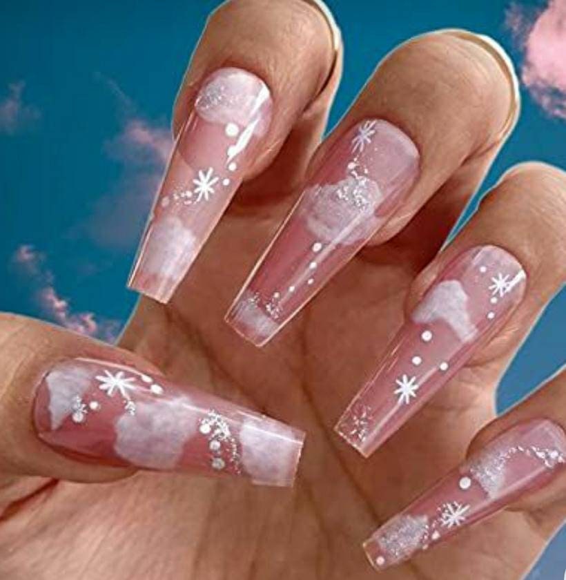 24 Pink Clouds Long Press On Nails Coffin Natural nude  glue on white straight sky dream