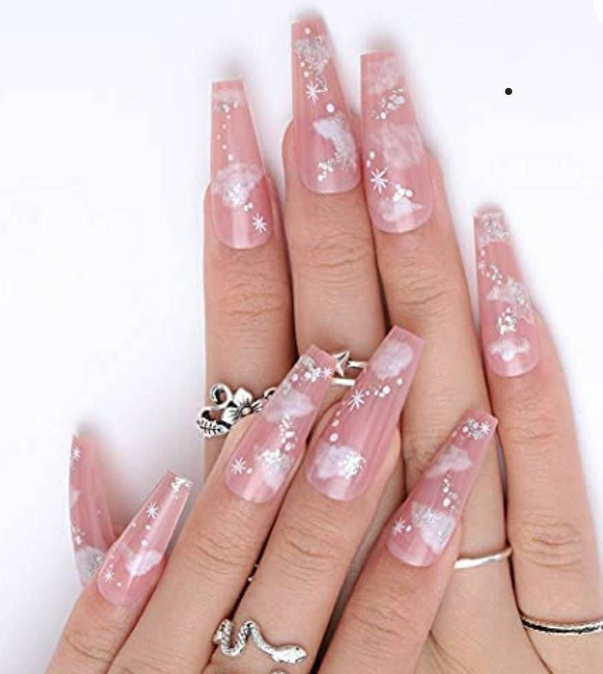 24 Pink Clouds Press On Nails Extra Long Coffin Natural nude  glue on white straight sky dream
