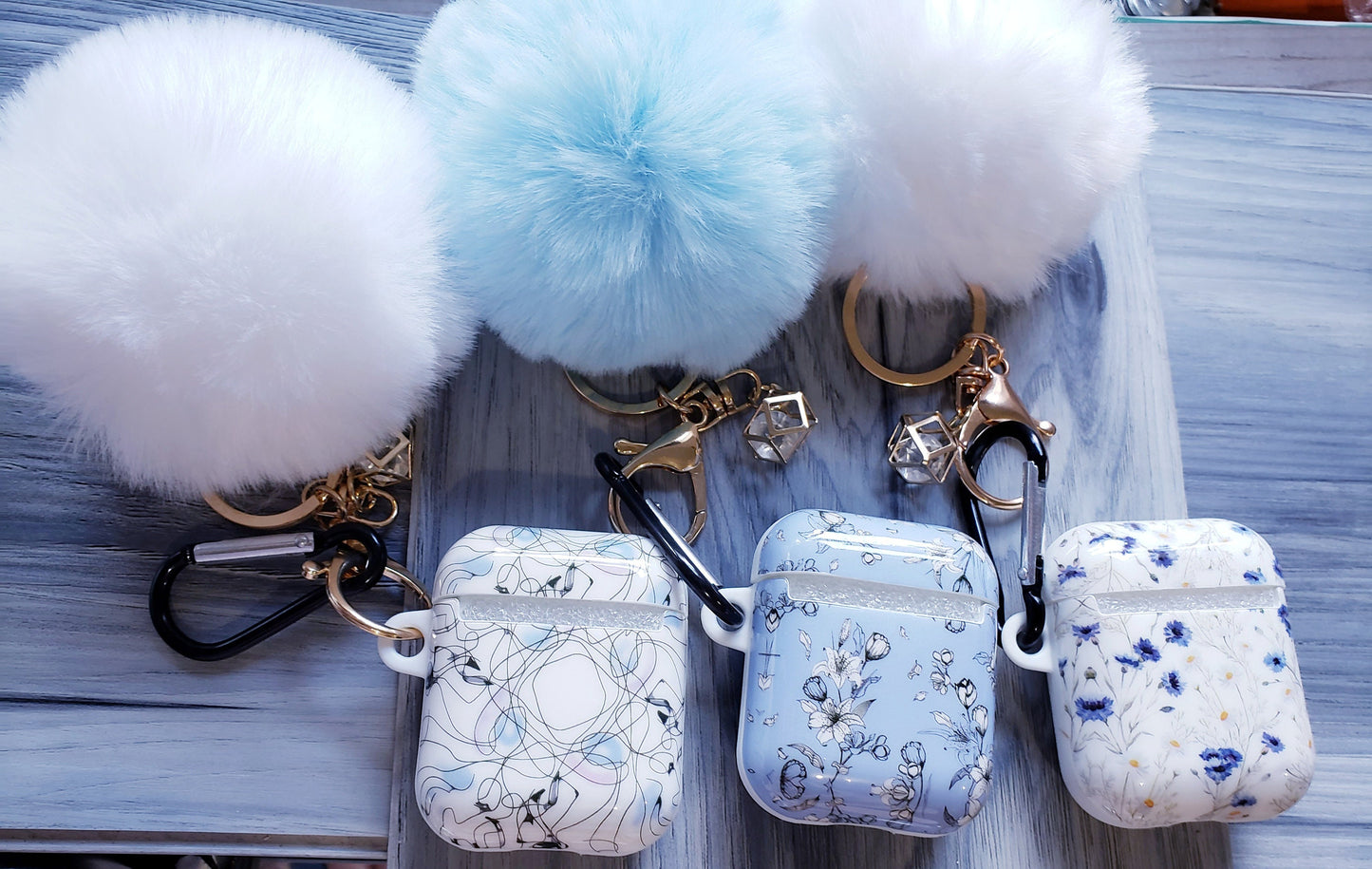 Unique Floral Pom Pom Keychain Airpod Case 1 and 2 version Kawaii Cute Pink white blue ooak protective case elegant nice