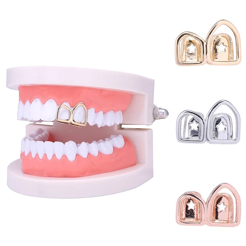 2 Teeth Open Face Grill Cap Tooth Jewelry Bling Silver Rose Gold or Gold Free Mold Adhesive Caps Bling Hip Hop Gangsta Grillz Teeth hollow