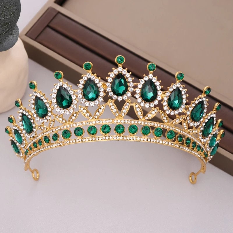 Emerald Green Crown Tiara Queen Gold headress jewelry bridal Halloween cosplay Wedding pageant royalty