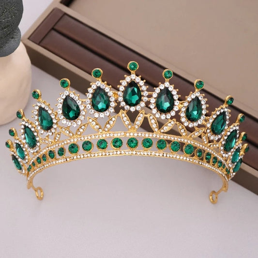Emerald Green Tiara Crown Queen Gold headdress jewelry bridal Halloween cosplay 