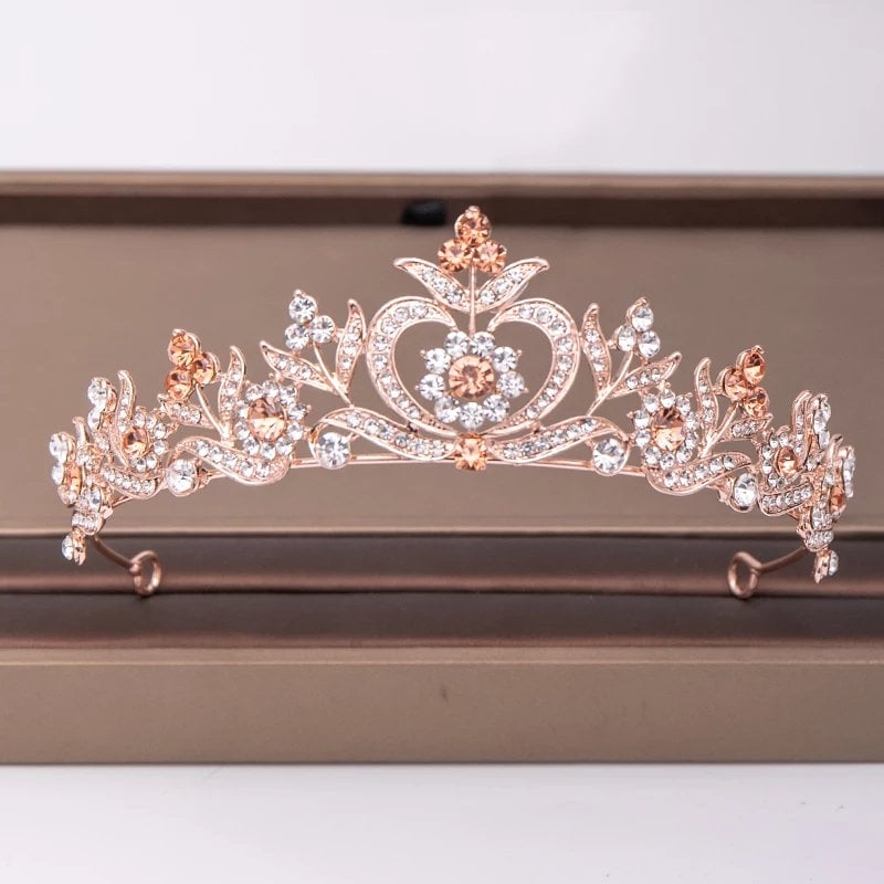 Rose Gold Tiara Crown Detailed Crystal pink Princess Queen headress jewelry bridal Halloween cosplay diadem wedding