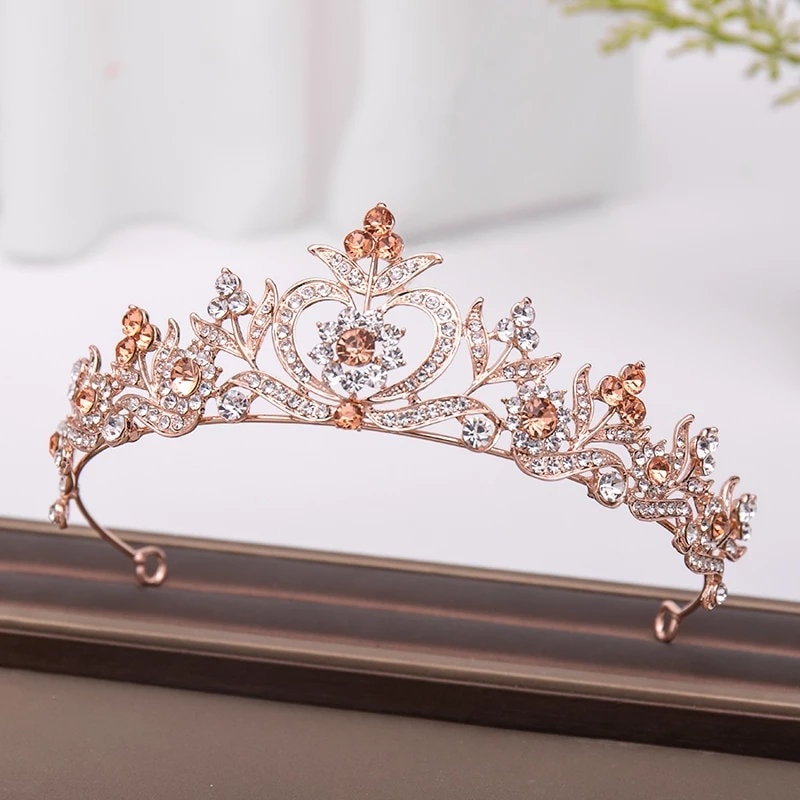 Rose Gold Tiara Crown Detailed Crystal pink Princess Queen headress jewelry bridal Halloween cosplay diadem wedding