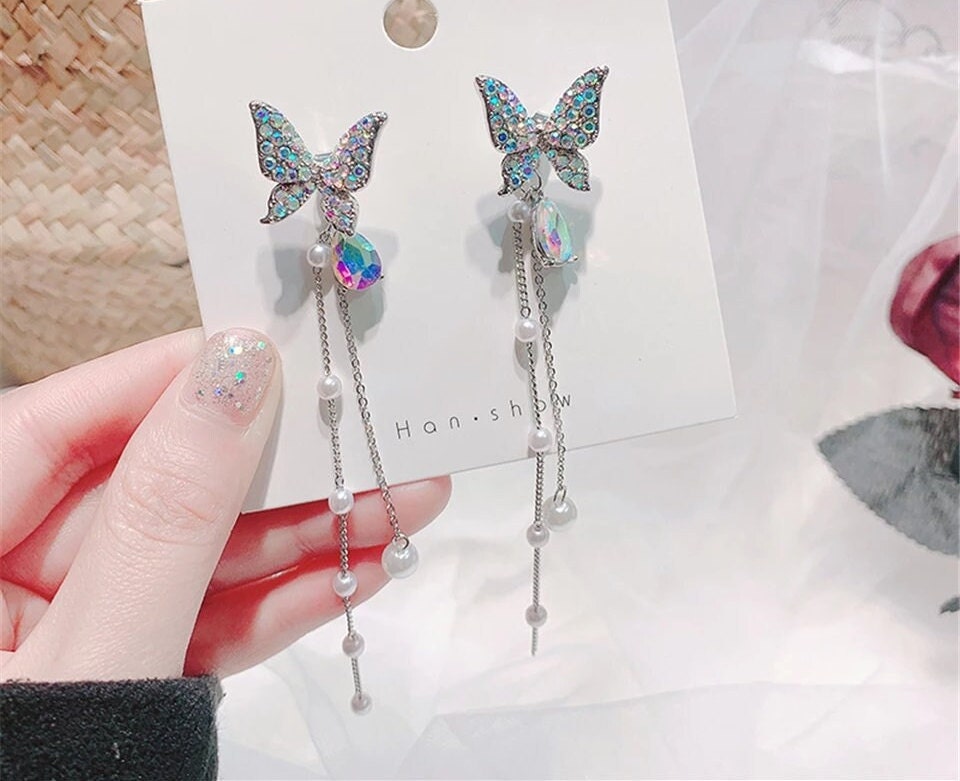 Holographic Gems Butterfly Earrings Delicate Dangle Drop detail light beautiful sparkly pearl Jewelry