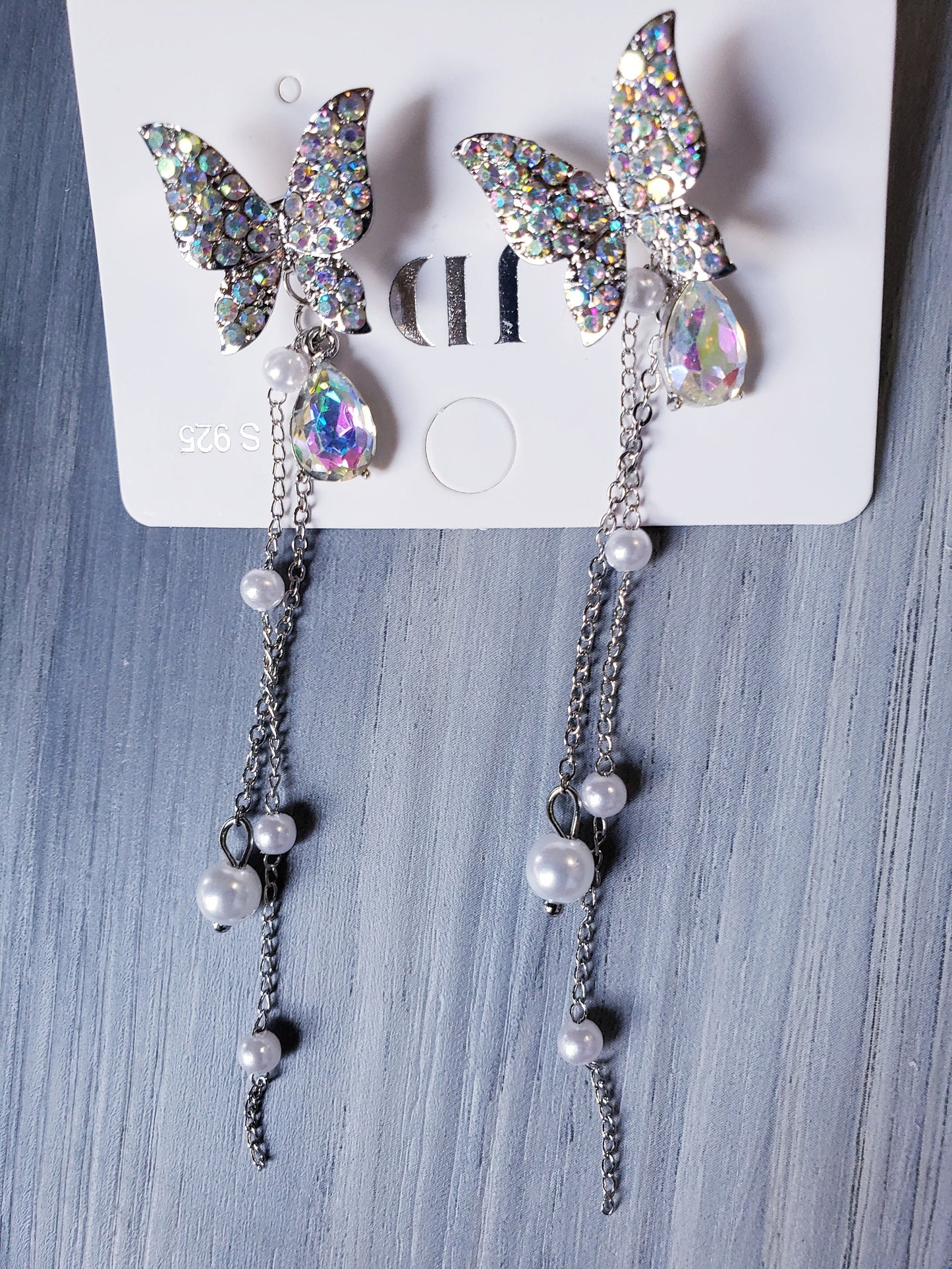Holographic Gems Butterfly Earrings Delicate Dangle Drop detail light beautiful sparkly pearl Jewelry
