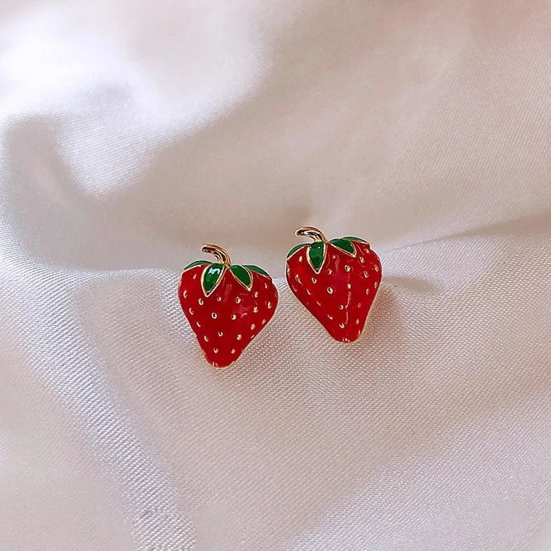 Cute Strawberry Earrings fruit kawaii red stem gold Jewelry