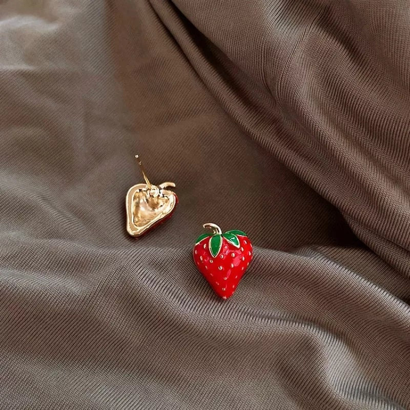 Cute Strawberry Earrings fruit kawaii red stem gold Jewelry