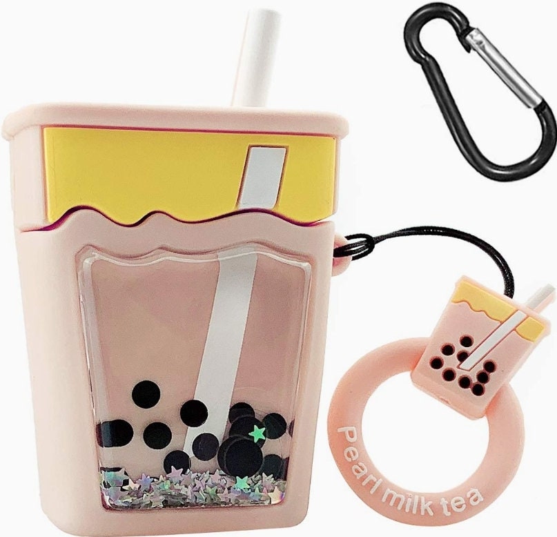 Bubble boba Tea Airpod Case 1 and 2 version Kawaii Cute Pink silicone soft milk tea girls funny food drink keychain