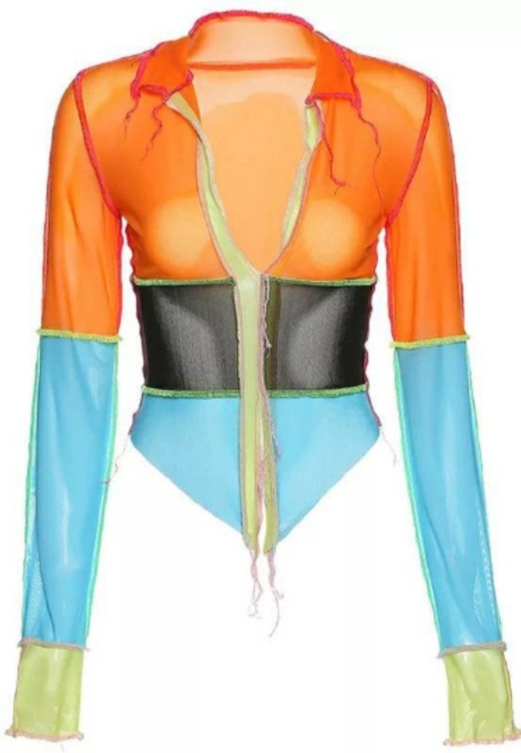Multicolor Sheer Mesh Top long sleeve shirt funky 90s trendy colorful see through orange black blue fray
