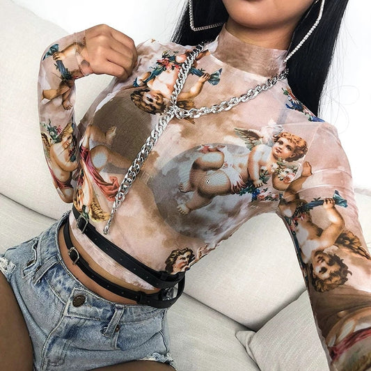 Angel Nude Mesh Going out tops for women long sleeve tan shirt cherubs funky 90s trendy see through crop stretchy angels baby cherub