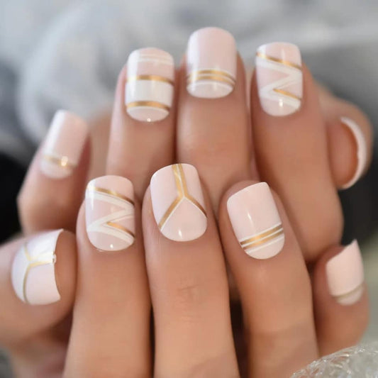 24 Nude Short Press On nails Gold Details Classy Glue on kit lines glitter pink pale neutral natural