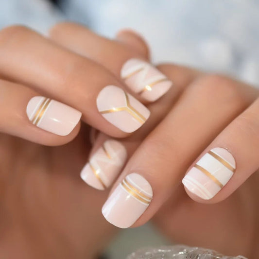 24 Nude Short Press On nails Gold Details Classy Glue on kit lines glitter pink pale neutral natural