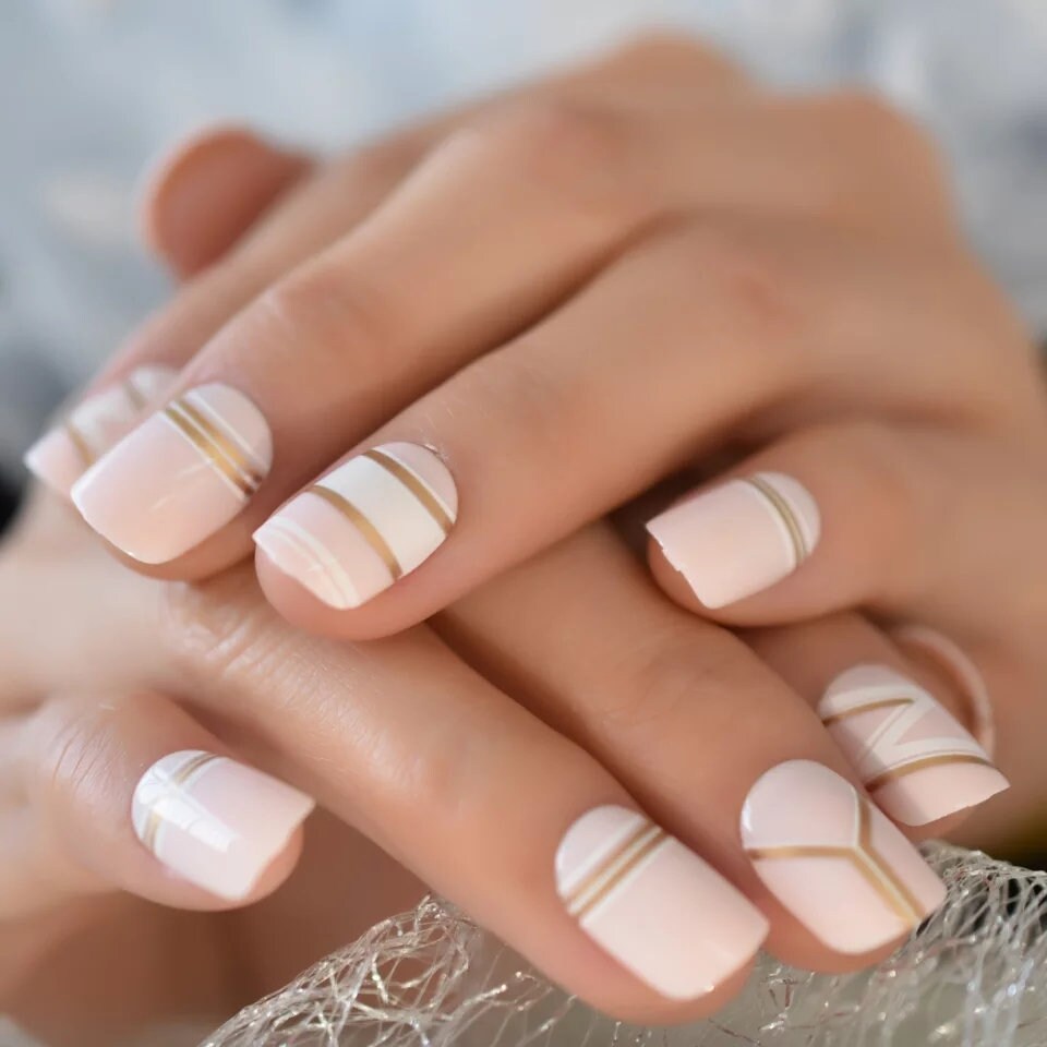 24 Short Nude Press On nails Gold Details Classy Glue on kit lines glitter pink pale neutral natural