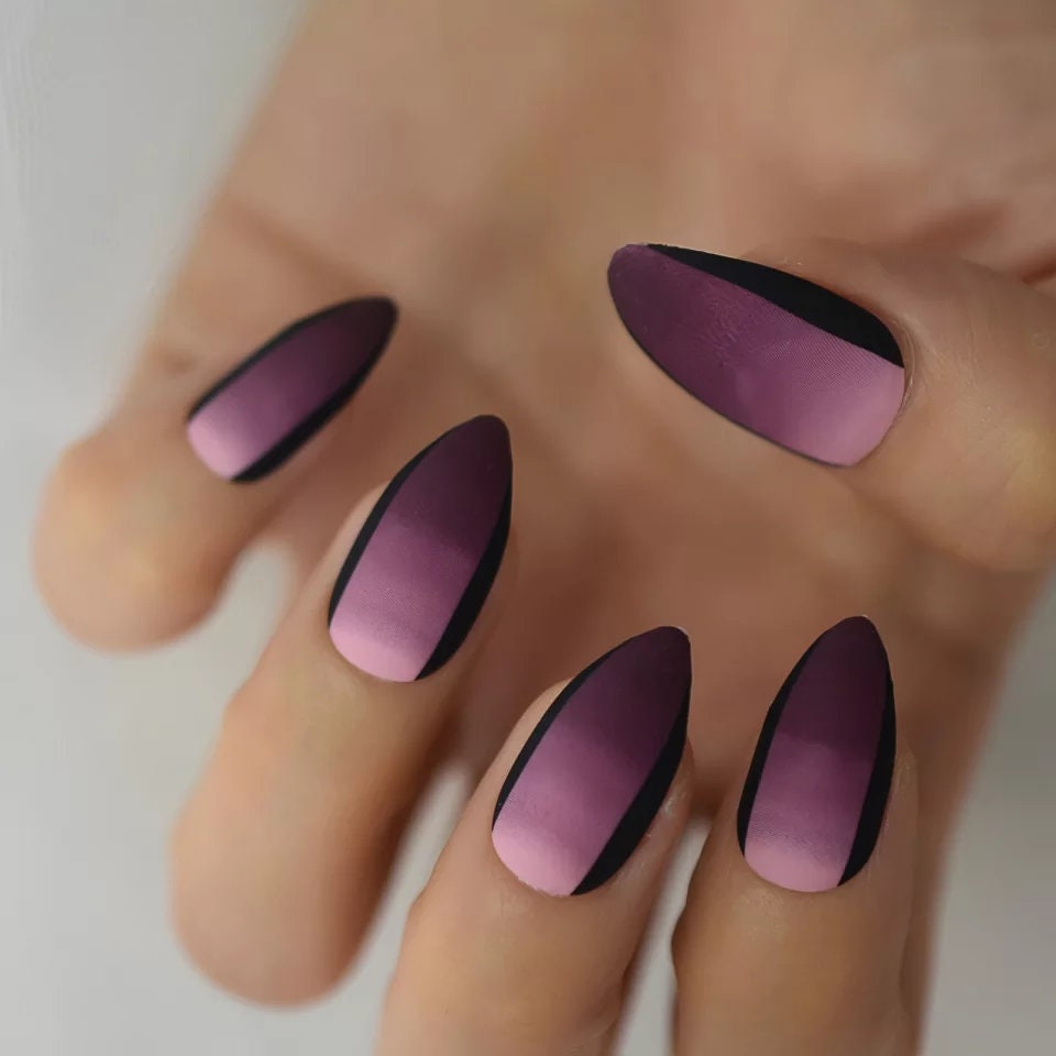 24 Purple Black Ombre Goth Medium Stiletto Dark Long Press On nails Glue on Gothic edgy trendy