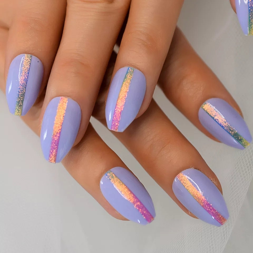 24 Purple Holographic Ombre Stripe Medium Stiletto Almond Press On nails Glue on edgy trendy