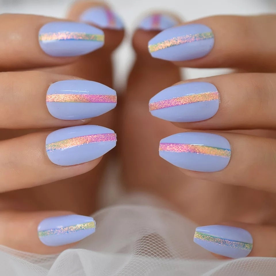 24 Purple Holographic Ombre Stripe Medium Stiletto Almond Press On nails Glue on edgy trendy