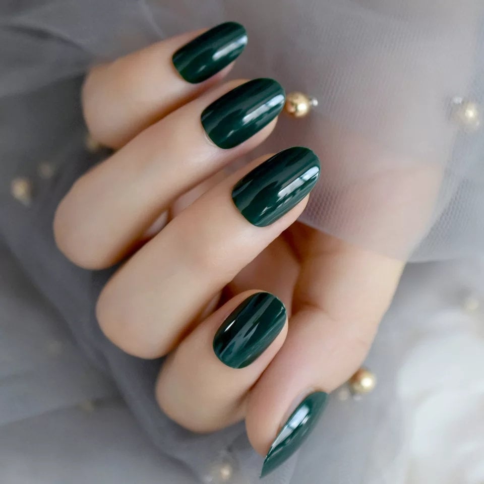 24 Glossy Dark Green short Press On Nails gel glue on classic manicure 
