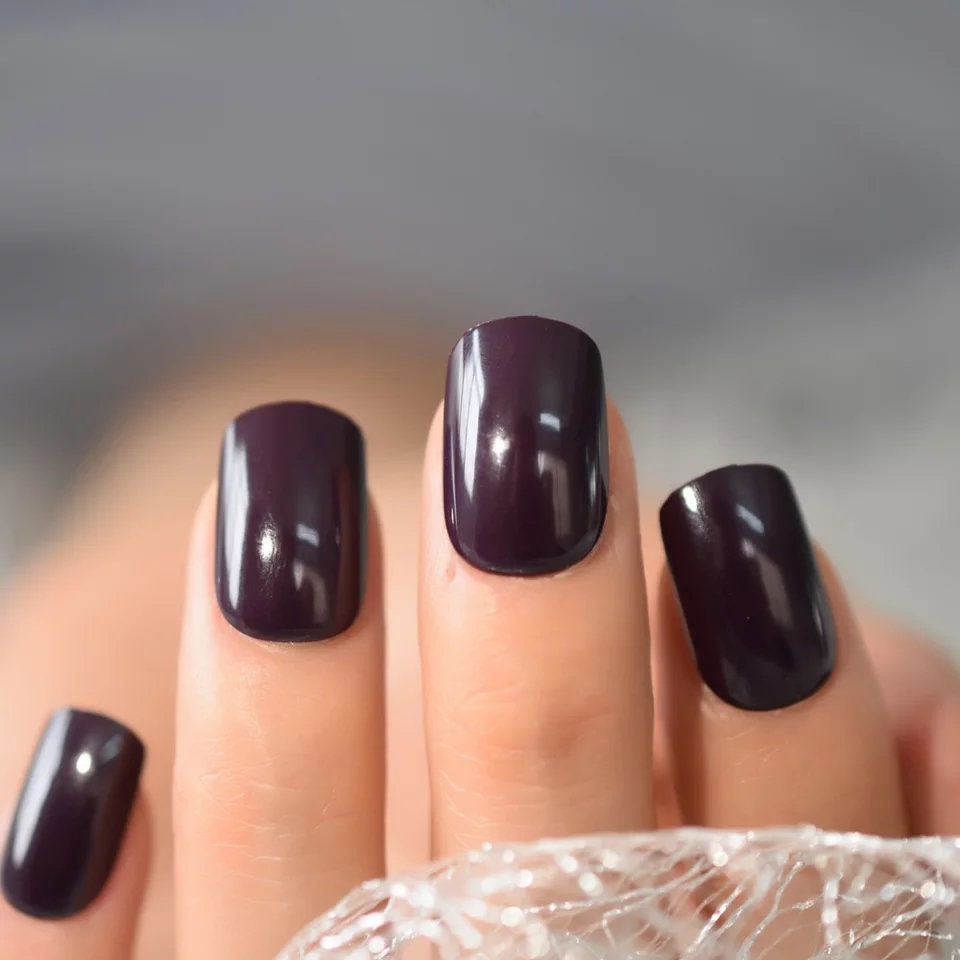 24 Dark Purple Short Press on Nails stick on glossy goth