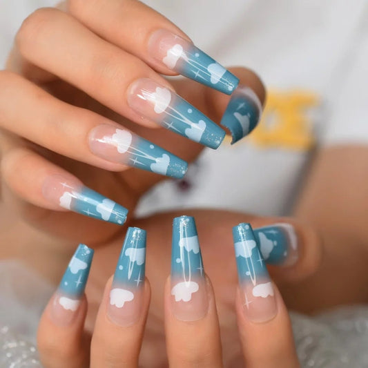 24 pcs Blue Clouds Long Press On Nails Ombre nude clear Coffin Natural nude Jelly glue on