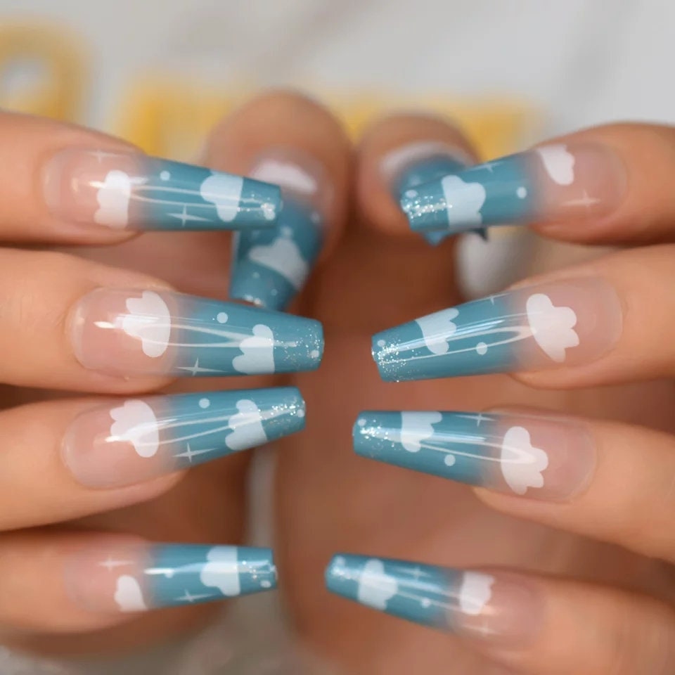 24 pcs Blue Clouds Long Press On Nails Ombre nude clear Coffin Natural nude Jelly glue on