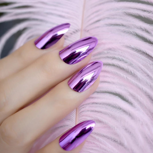 Long Press On Nails in Purple Chrome Stiletto shape with Metallic Mirror Finish surethings
