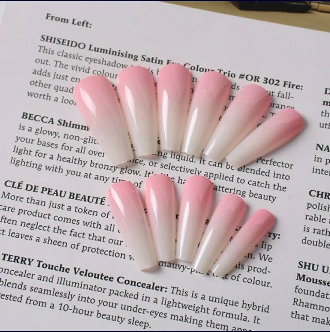 24 Pink Ombre French mani white tip coffin Long press on nails glue on classic manicure