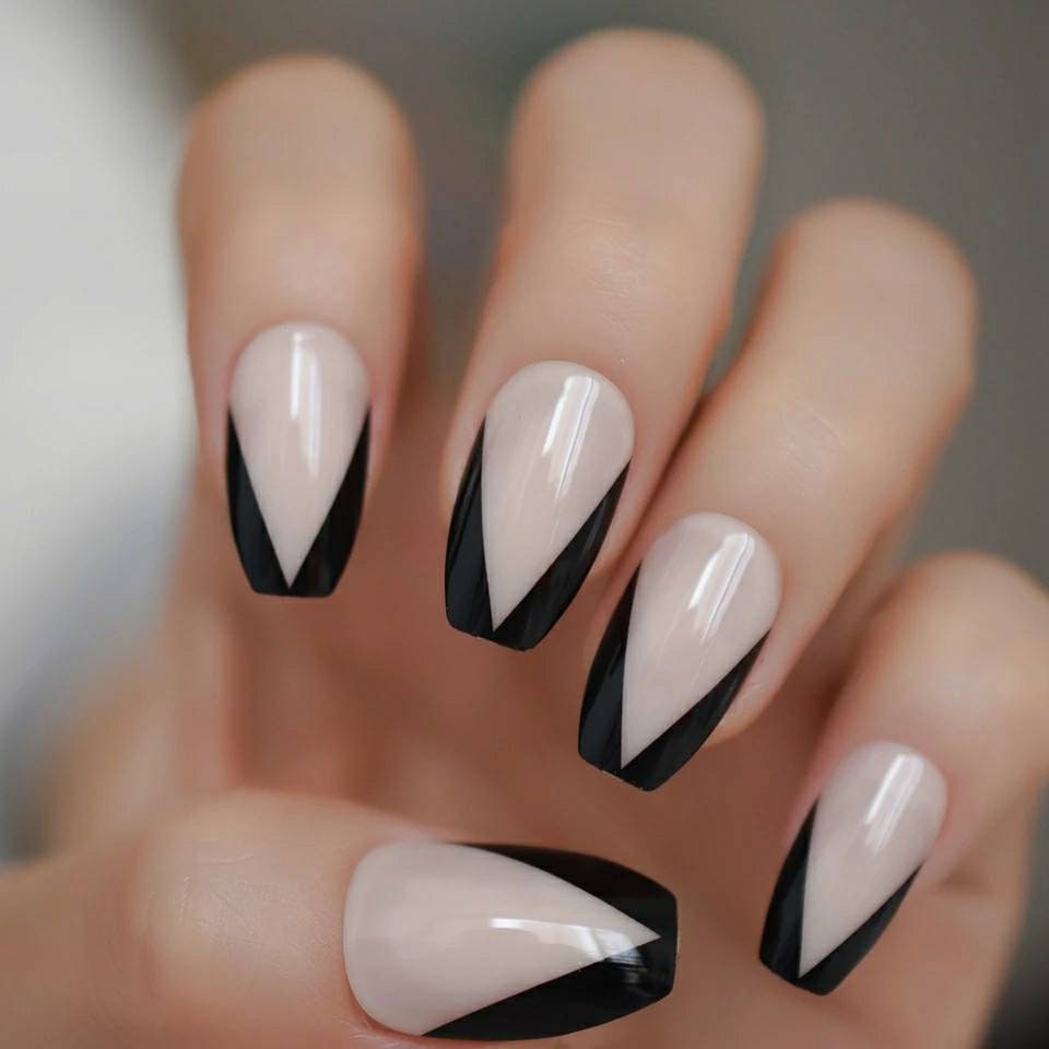 24 pcs Black Tip French Rim V shape Long Press On nails Glue on Gothic edgy trendy classic medium
