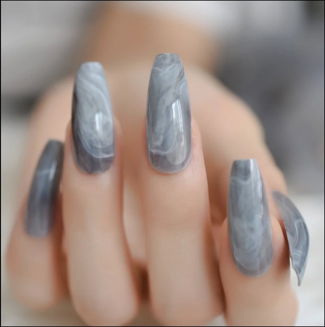 24 pcs Blue Gray marble Long  Press On Nails kit glue on Gray smoky art coffin