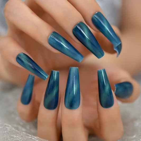 24 pcs Blue Teal Galaxy Cat Eye Gel Long Press On Nails Glossy Thick acrylic glue on magnet sky