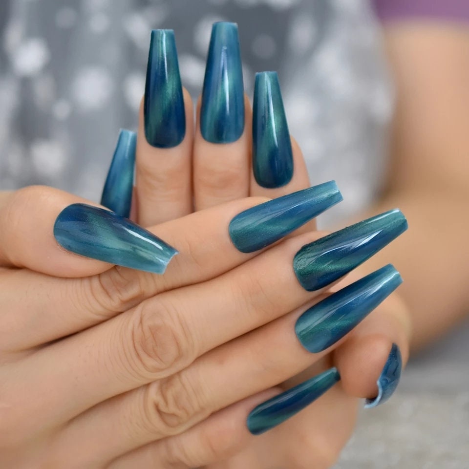 24 Blue Teal Galaxy Cat Eye Gel Press On Nails Glossy Thick acrylic glue on magnet sky