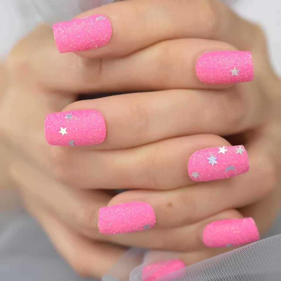 24 Hot Pink Glitter coffin Long  Press on nails glue on kit glam sparkly stars moon kawaii cute candy 